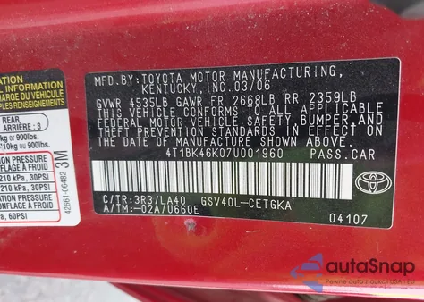 2007 Toyota Camry Xle V6 z USA, uszkodzony, nr VIN 4T1BK46K07U001960